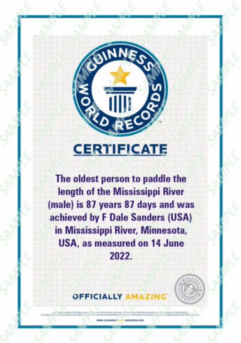 guinness world record certificate oldest man to paddle the mississippi river